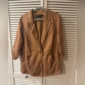 torrid studio linen blend caramel tan single-button blazer
